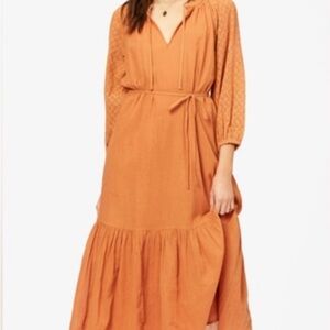 Billabong midi shift dress blousan sleeves deep v neck with front ties. bronze